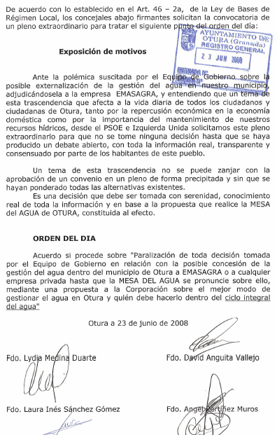 solicitud de convocatoria de pleno extraordinario del ayto. de Otura